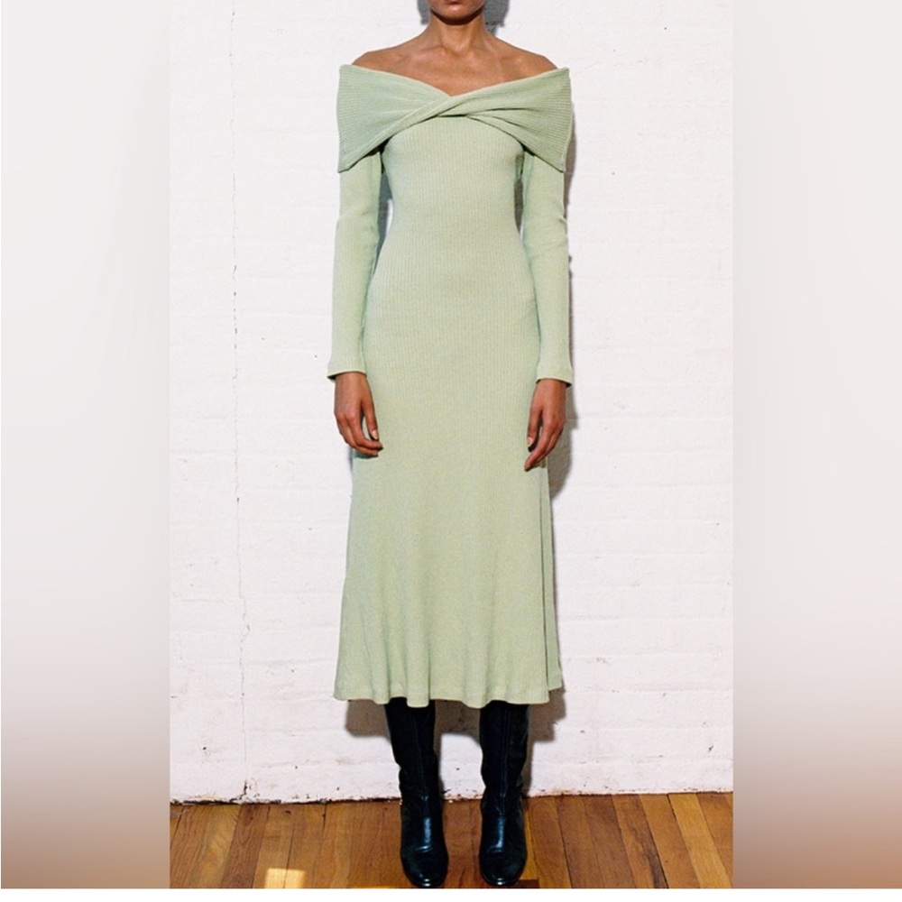 Mara Hoffman Emery Off Shoulder
Cotton Midi Dress green ribbed knit size S, NWOT